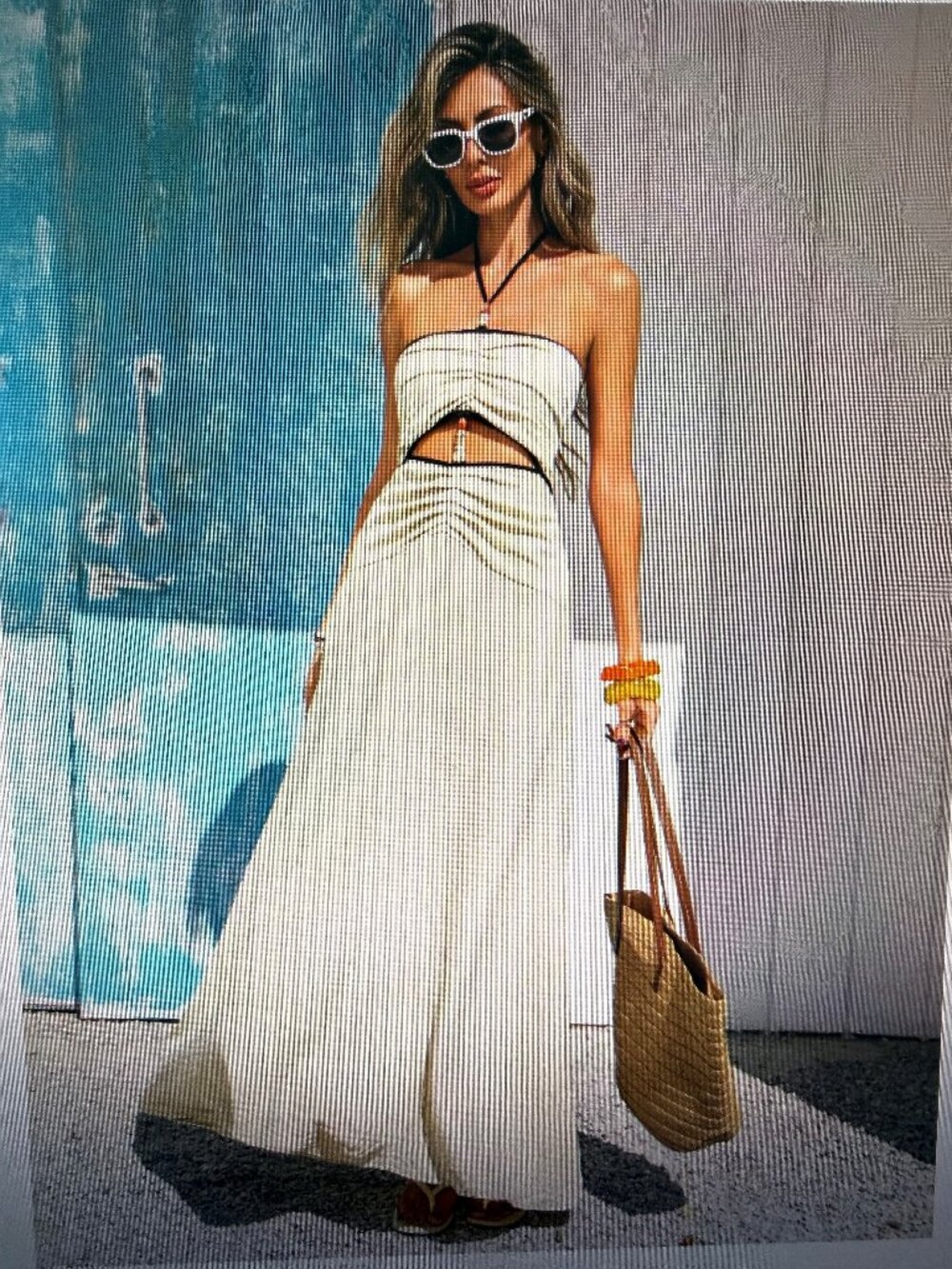 Off white-Natural  Boho Halter Neck Sleeveless Cut Out Flared Maxi Dress Large